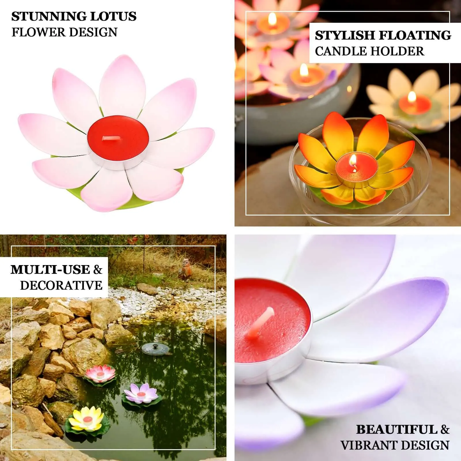 10 Pack 5" Colorful Lotus Flower Floating Tea Light Candle Lanterns, Assorted Water Lily Candles