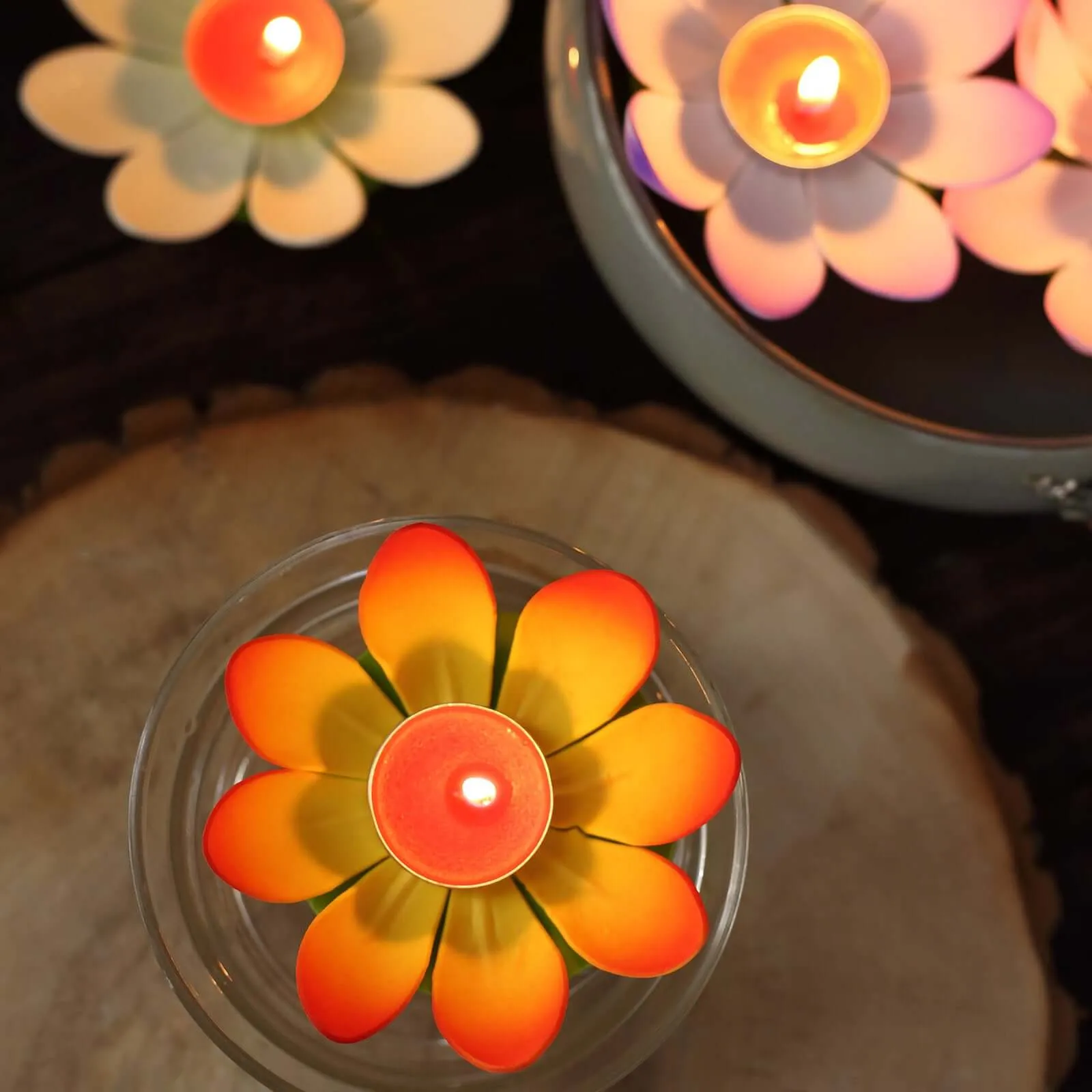 10 Pack 5" Colorful Lotus Flower Floating Tea Light Candle Lanterns, Assorted Water Lily Candles