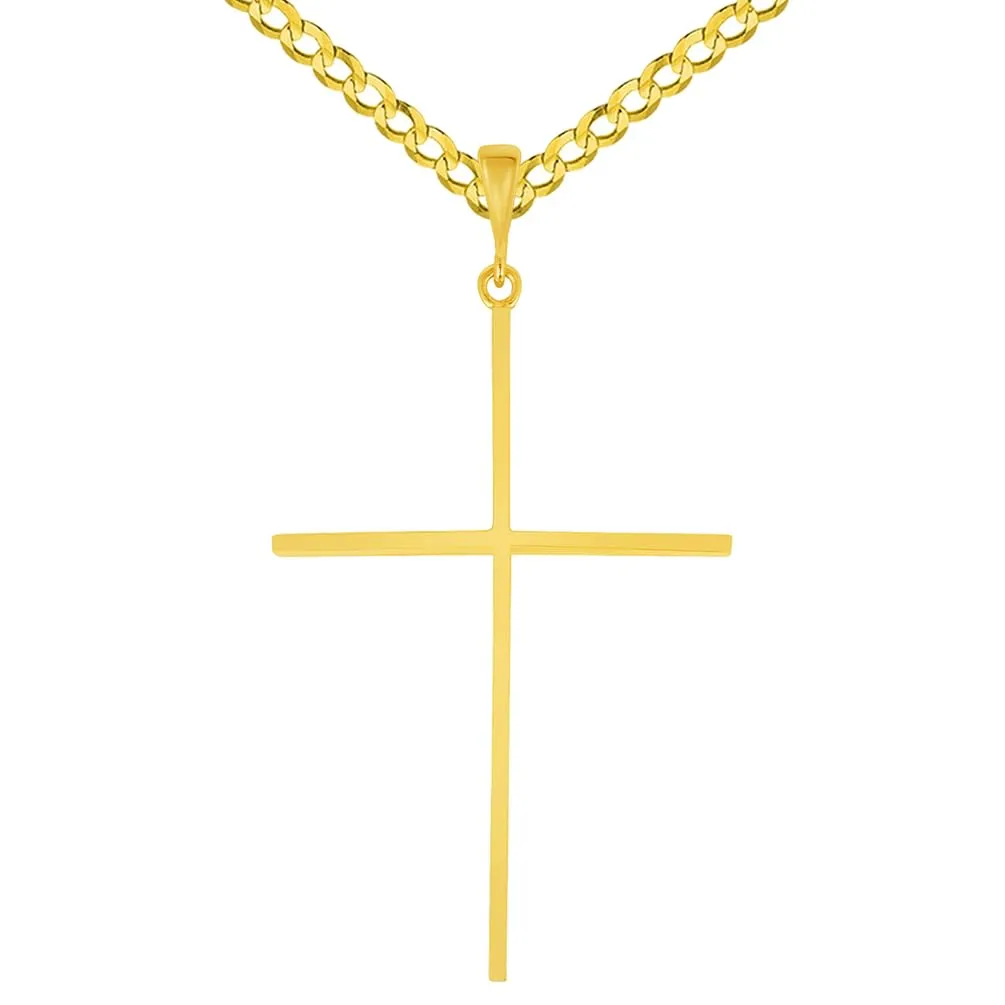 14k Solid Yellow Gold Large Slender Cross Pendant with Rolo Cable, Cuban Curb, or Figaro Chain Necklace (1.25 Inch Height)