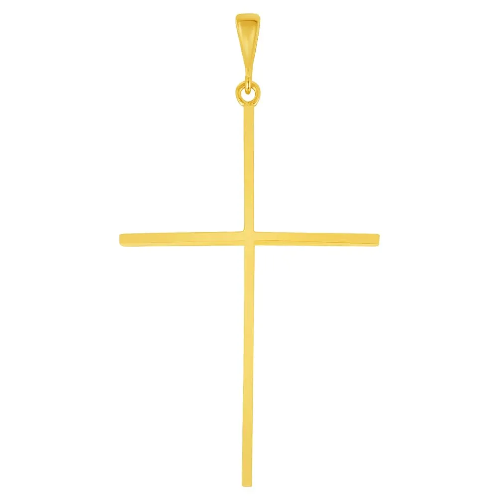 14k Solid Yellow Gold Large Slender Cross Pendant with Rolo Cable, Cuban Curb, or Figaro Chain Necklace (1.25 Inch Height)