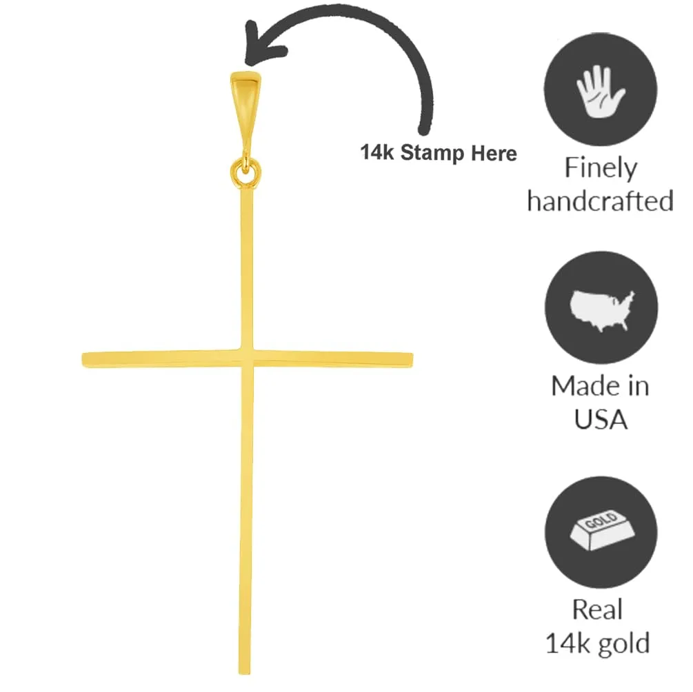 14k Solid Yellow Gold Large Slender Cross Pendant with Rolo Cable, Cuban Curb, or Figaro Chain Necklace (1.25 Inch Height)