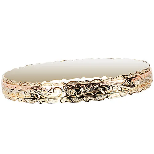 14K Tri-Color Gold Custom-Made Hawaiian Scroll Double Cut Out Edge Bangle