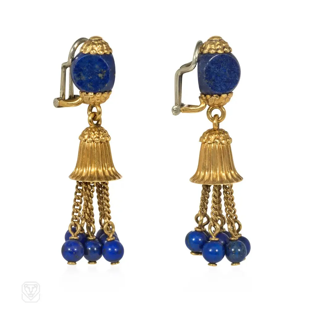 1950s Carlo Weingrill Italian lapis and gold tassel earrings