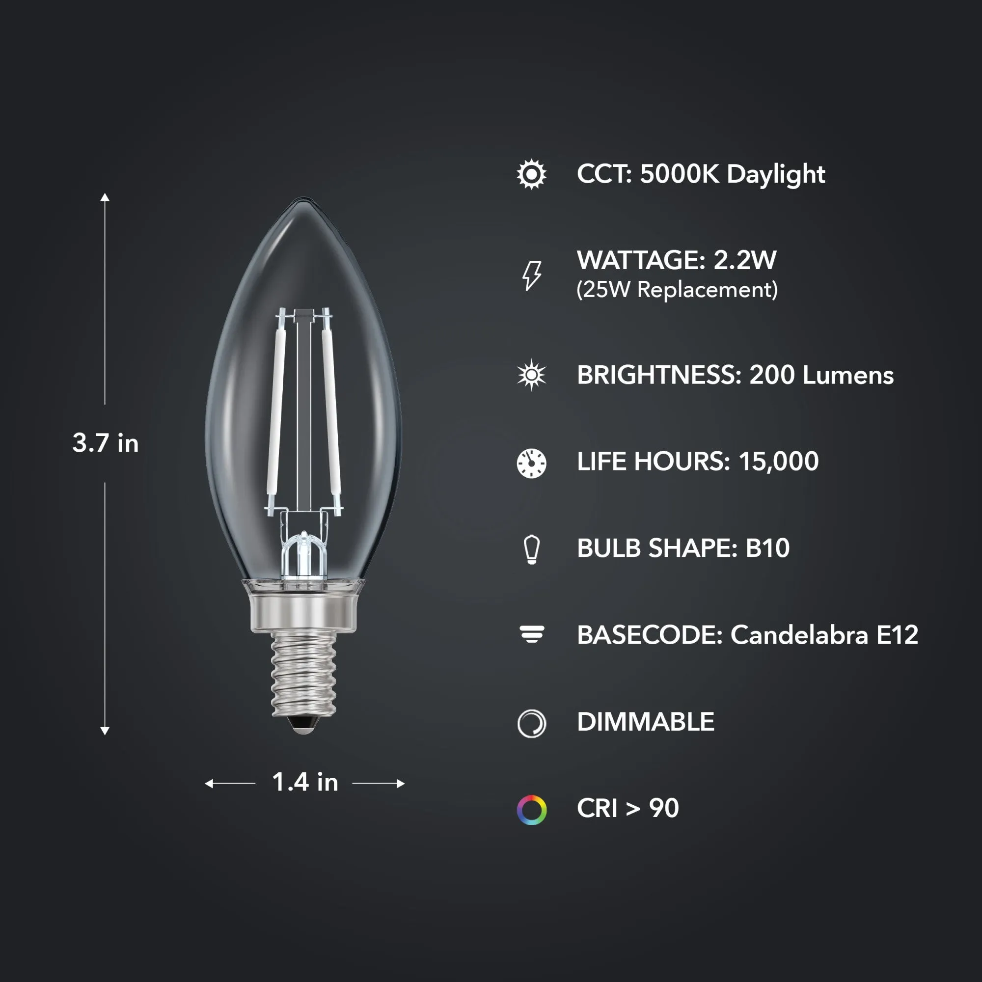 2.2W (25W Replacement) Daylight (5000K) E12 Base B10 Torpedo Tip Dimmable White Filament LED Bulb (3-Pack)