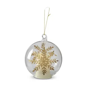 4 Inch LED Clear Glass Gold Gilded Etched Snowflake Ornament w/Timer