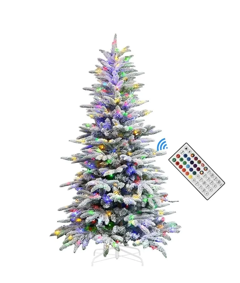 7.5ft Prelit 460 Multi-Color RGB Lights 1267 PE & PVC Branch Artificial Hinged Upgraded Snow Flocked Christmas Tree with Remote