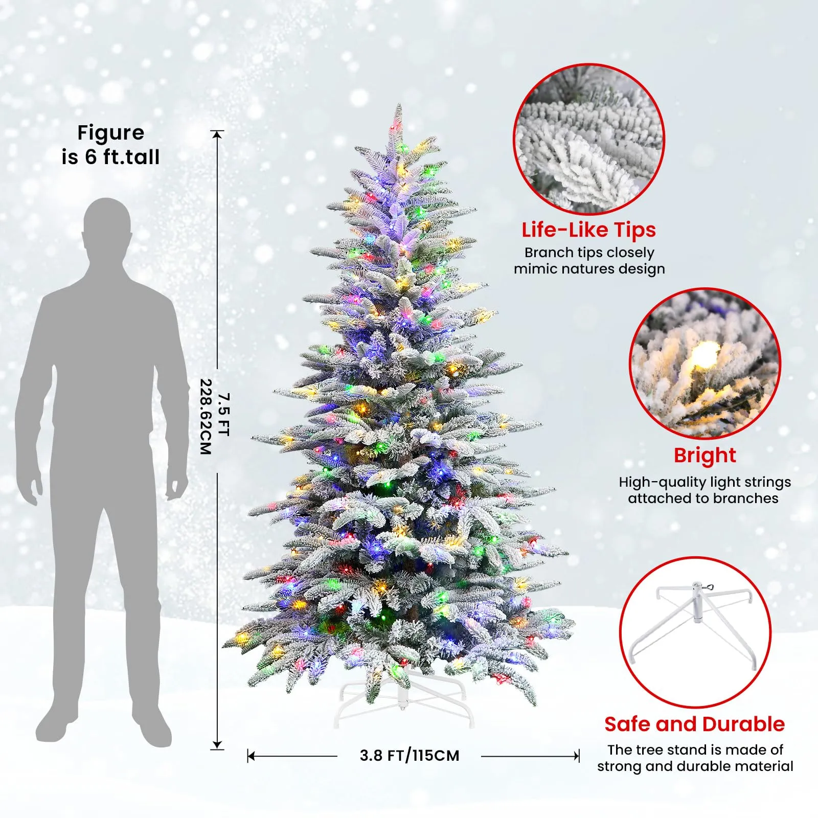 7.5ft Prelit 460 Multi-Color RGB Lights 1267 PE & PVC Branch Artificial Hinged Upgraded Snow Flocked Christmas Tree with Remote