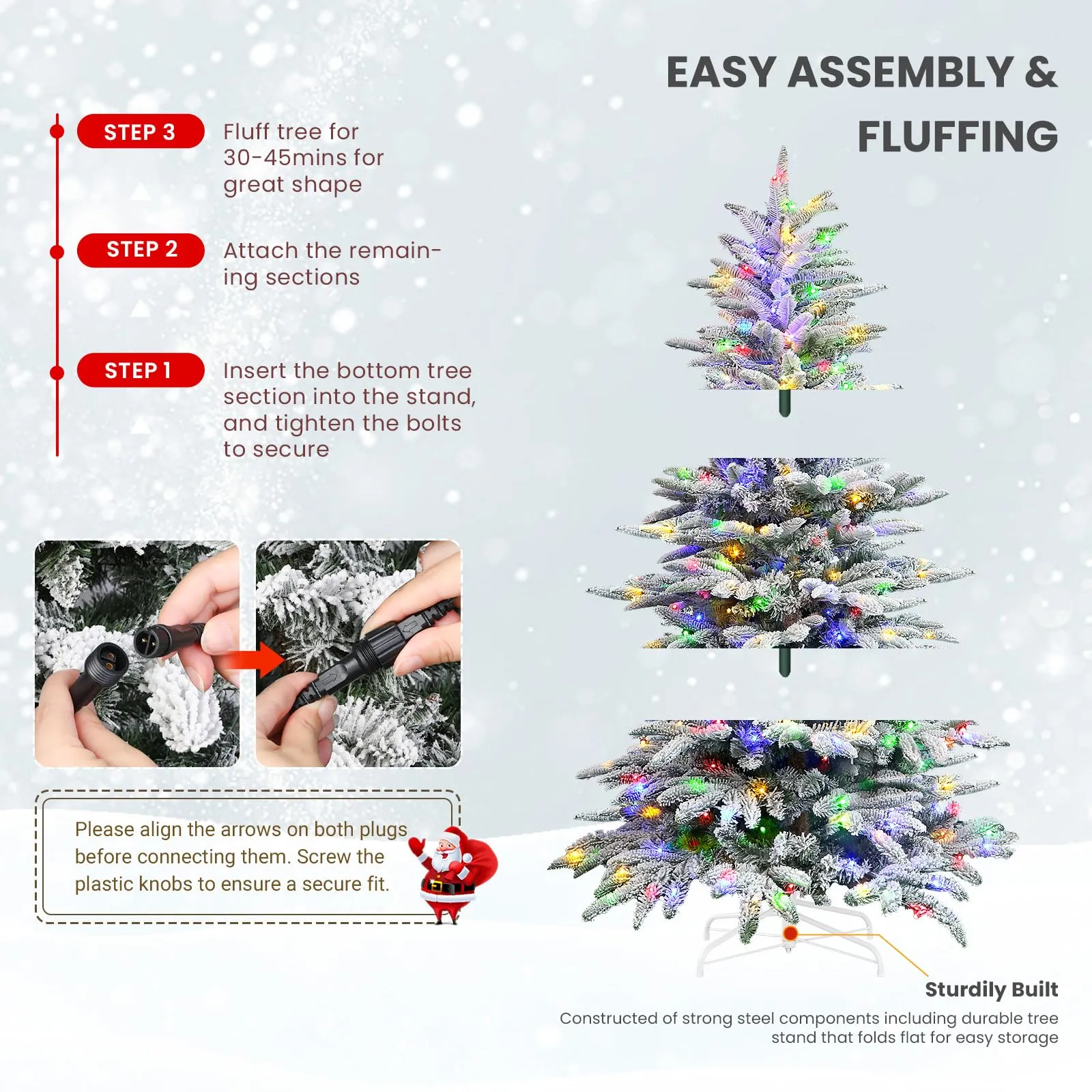 7.5ft Prelit 460 Multi-Color RGB Lights 1267 PE & PVC Branch Artificial Hinged Upgraded Snow Flocked Christmas Tree with Remote