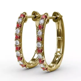 Alternating Ruby and Diamond Hoop Earrings