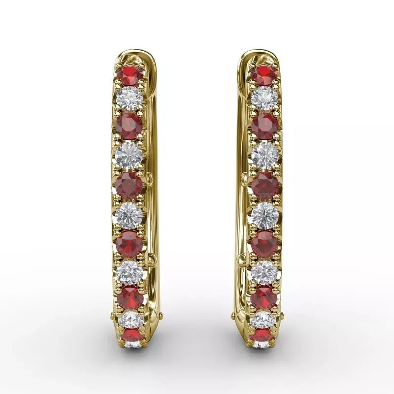 Alternating Ruby and Diamond Hoop Earrings