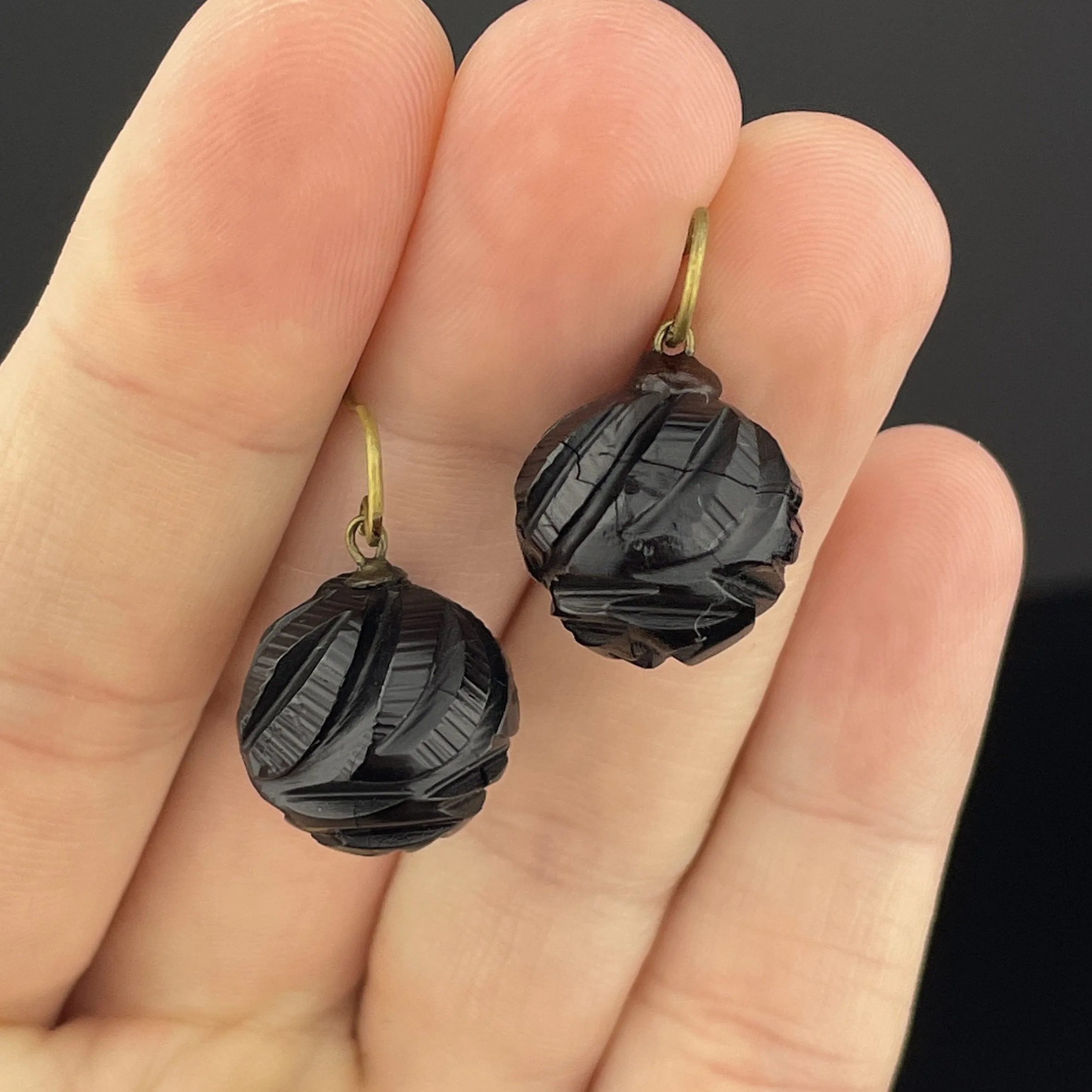 Antique Victorian Carved Whitby Jet Mourning Ball Mourning Earrings