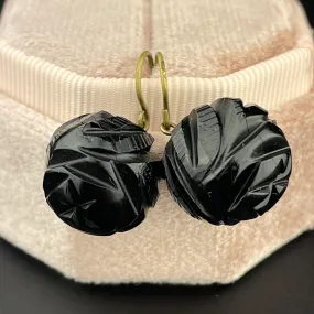 Antique Victorian Carved Whitby Jet Mourning Ball Mourning Earrings