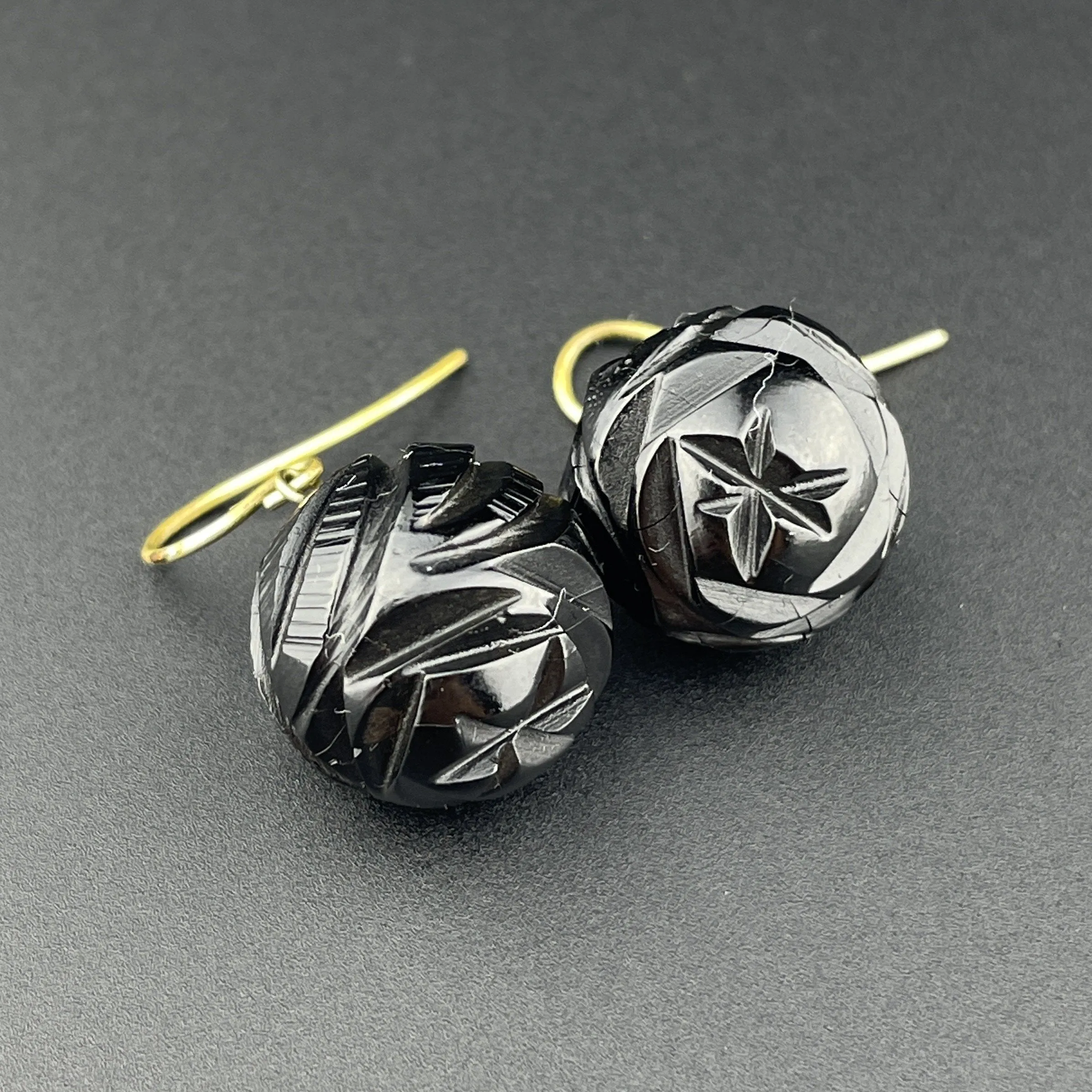 Antique Victorian Carved Whitby Jet Mourning Ball Mourning Earrings