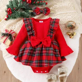 baby 0-12M Christmas Romper, Knit Long Sleeve Plaid Jumpsuit With Headband Xmas Costumes Outfit