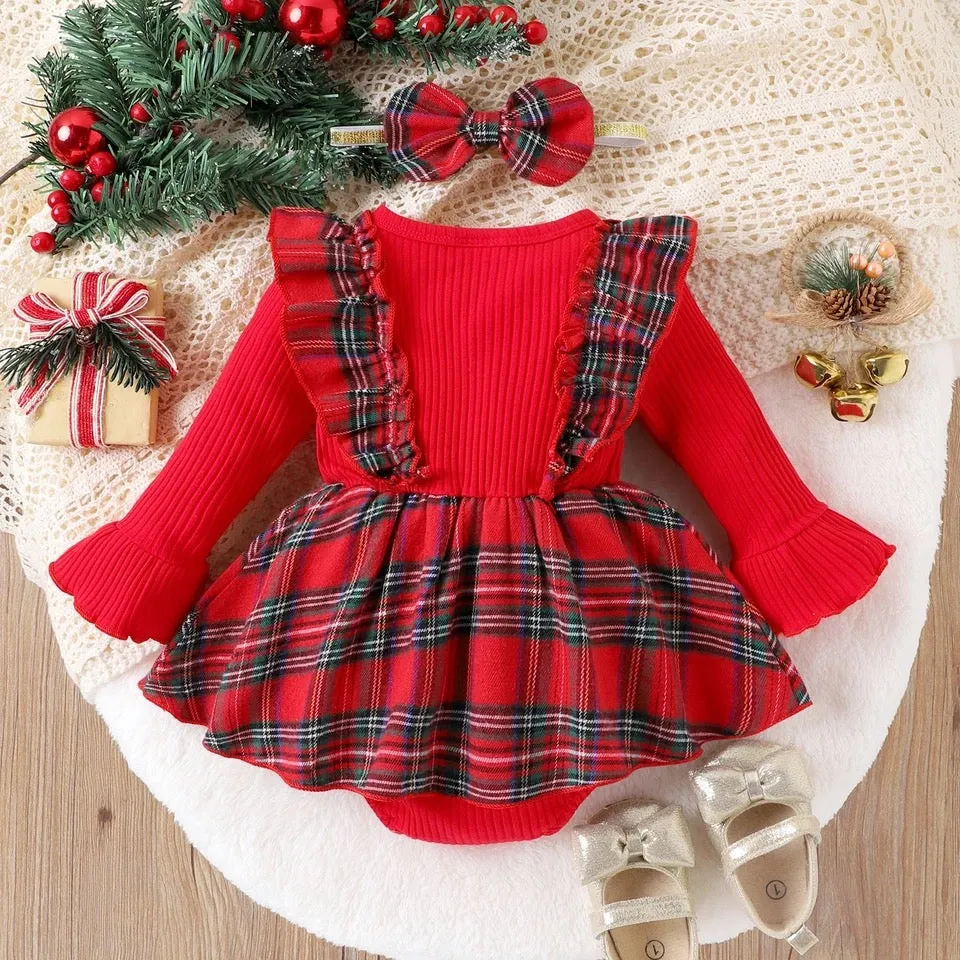 baby 0-12M Christmas Romper, Knit Long Sleeve Plaid Jumpsuit With Headband Xmas Costumes Outfit