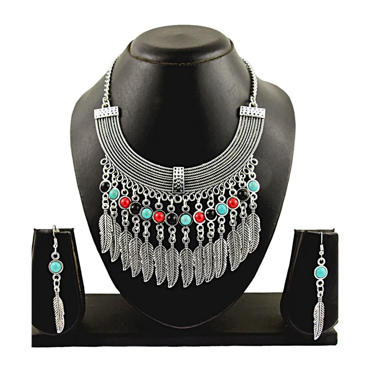 Beads Oxidised Tribal Bohemian German Long Statement Necklace Earring