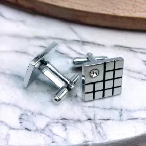 Black Silver Diamond Checks Cufflinks In Box