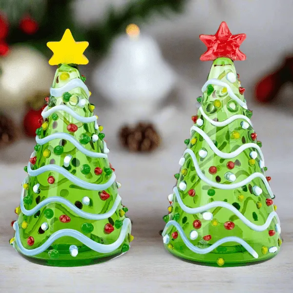 Blown Glass Salt and Pepper Shakers, GREEN Trees