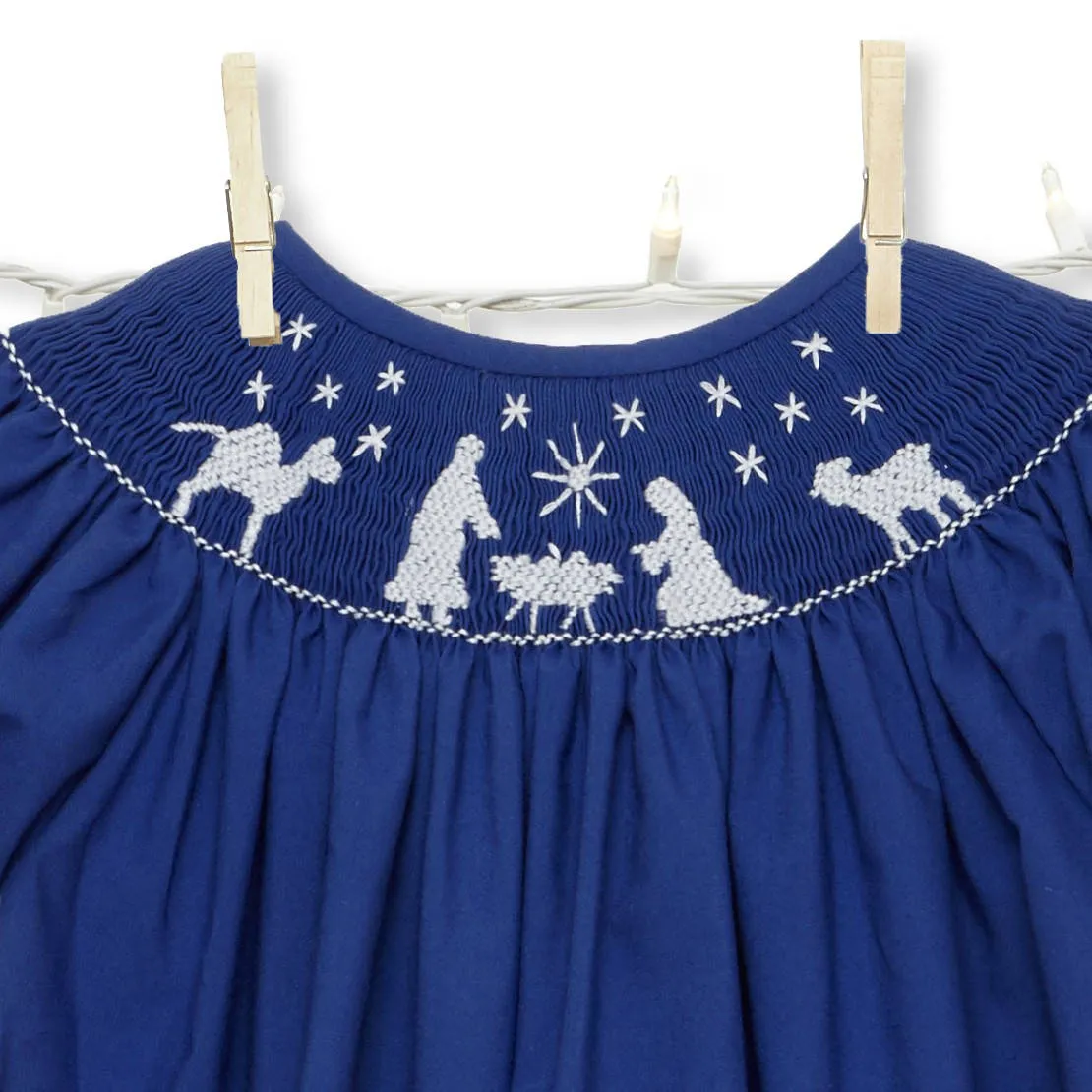 Blue Nativity Christmas Smocked Bishop Dress