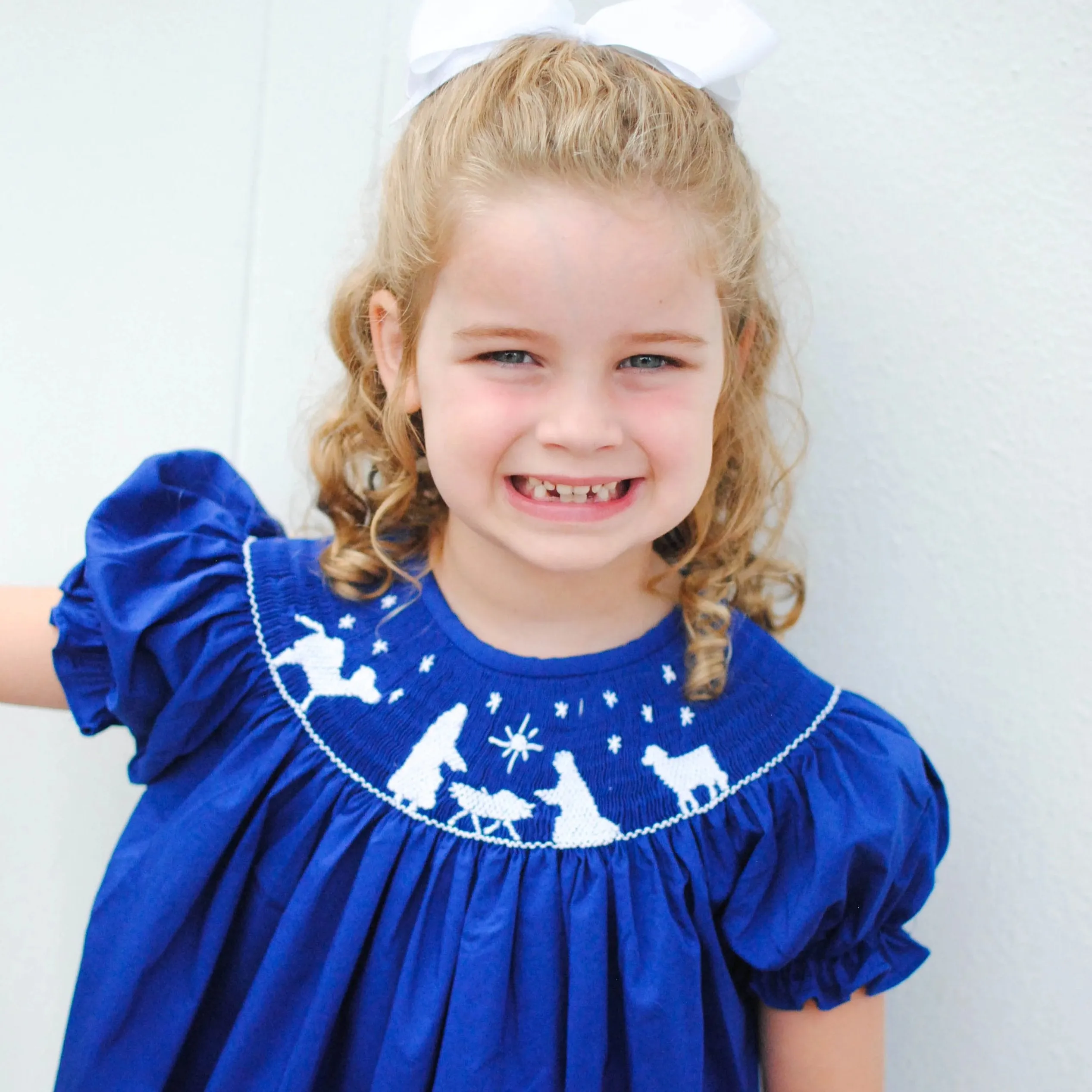 Blue Nativity Christmas Smocked Bishop Dress