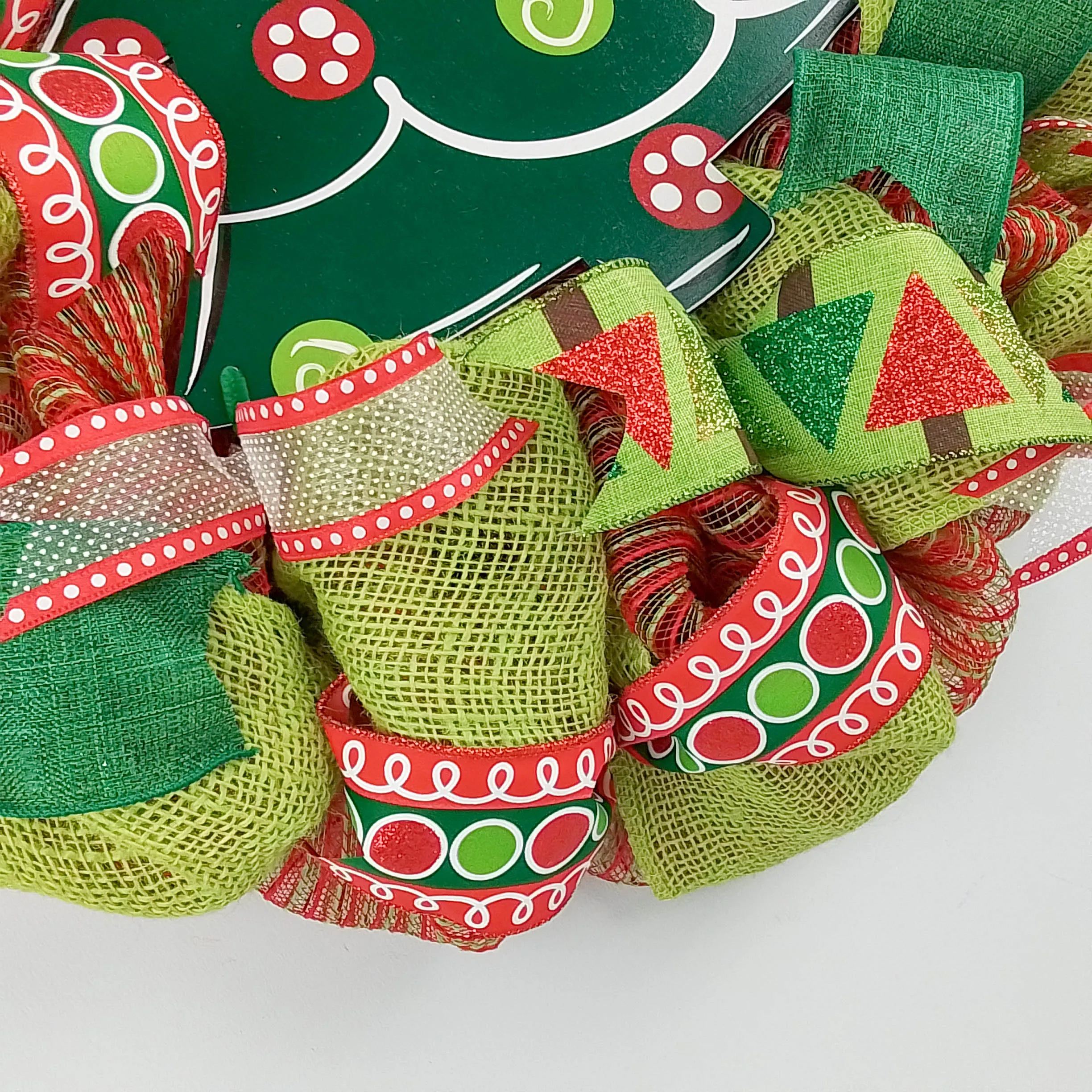 Christmas Wreath - Holiday Tree Decor Front Door Wreath - Red Lime Green Burlap