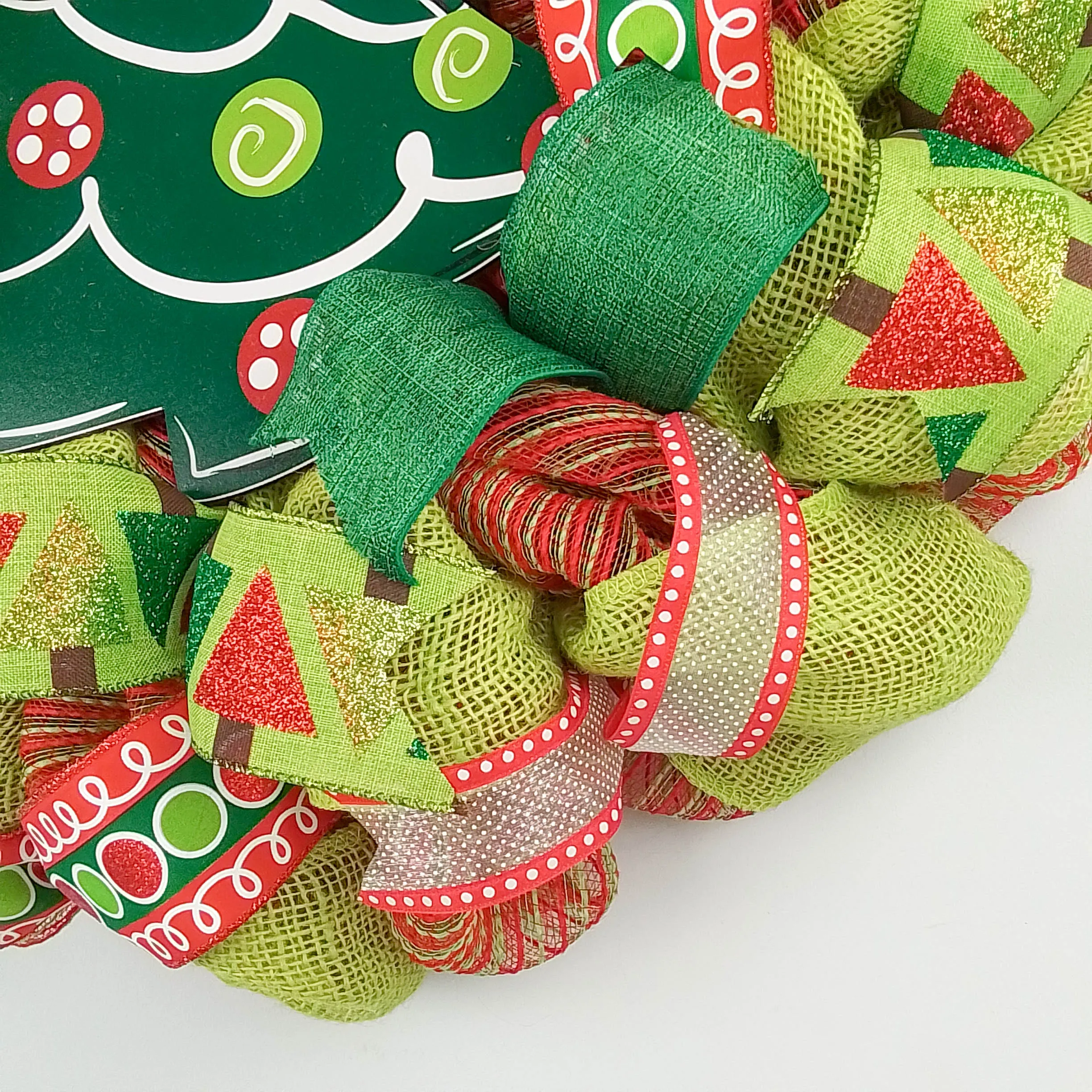 Christmas Wreath - Holiday Tree Decor Front Door Wreath - Red Lime Green Burlap