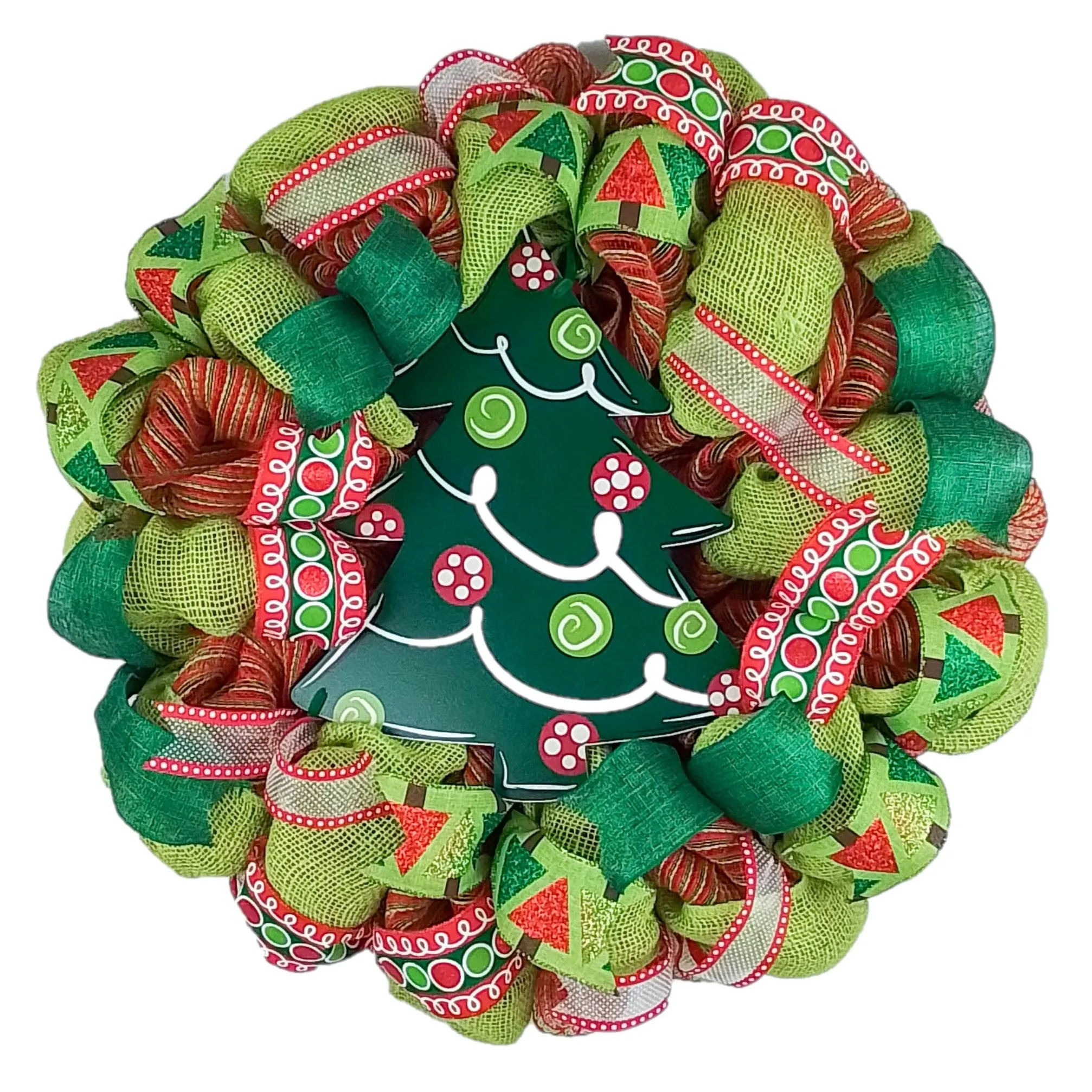 Christmas Wreath - Holiday Tree Decor Front Door Wreath - Red Lime Green Burlap