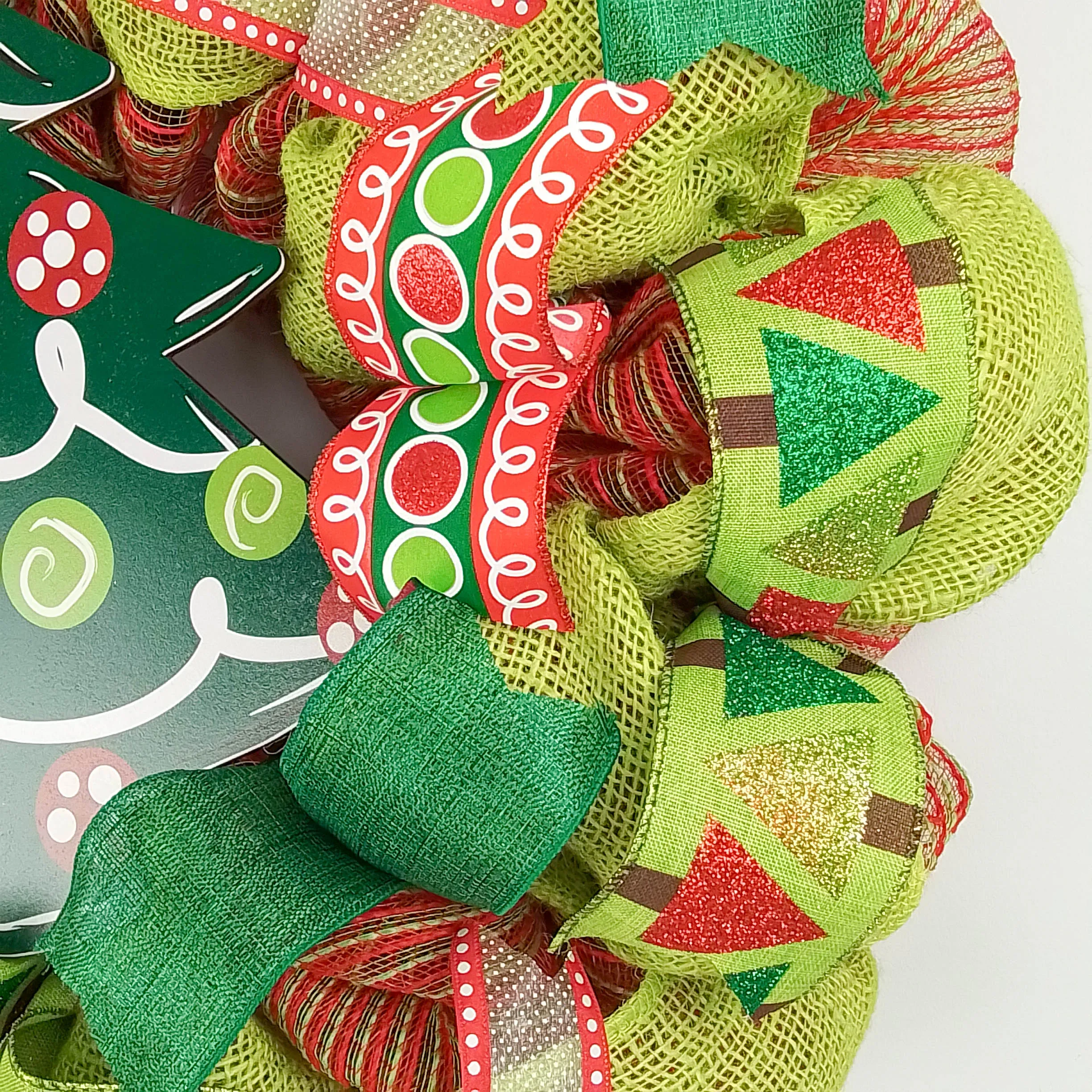 Christmas Wreath - Holiday Tree Decor Front Door Wreath - Red Lime Green Burlap