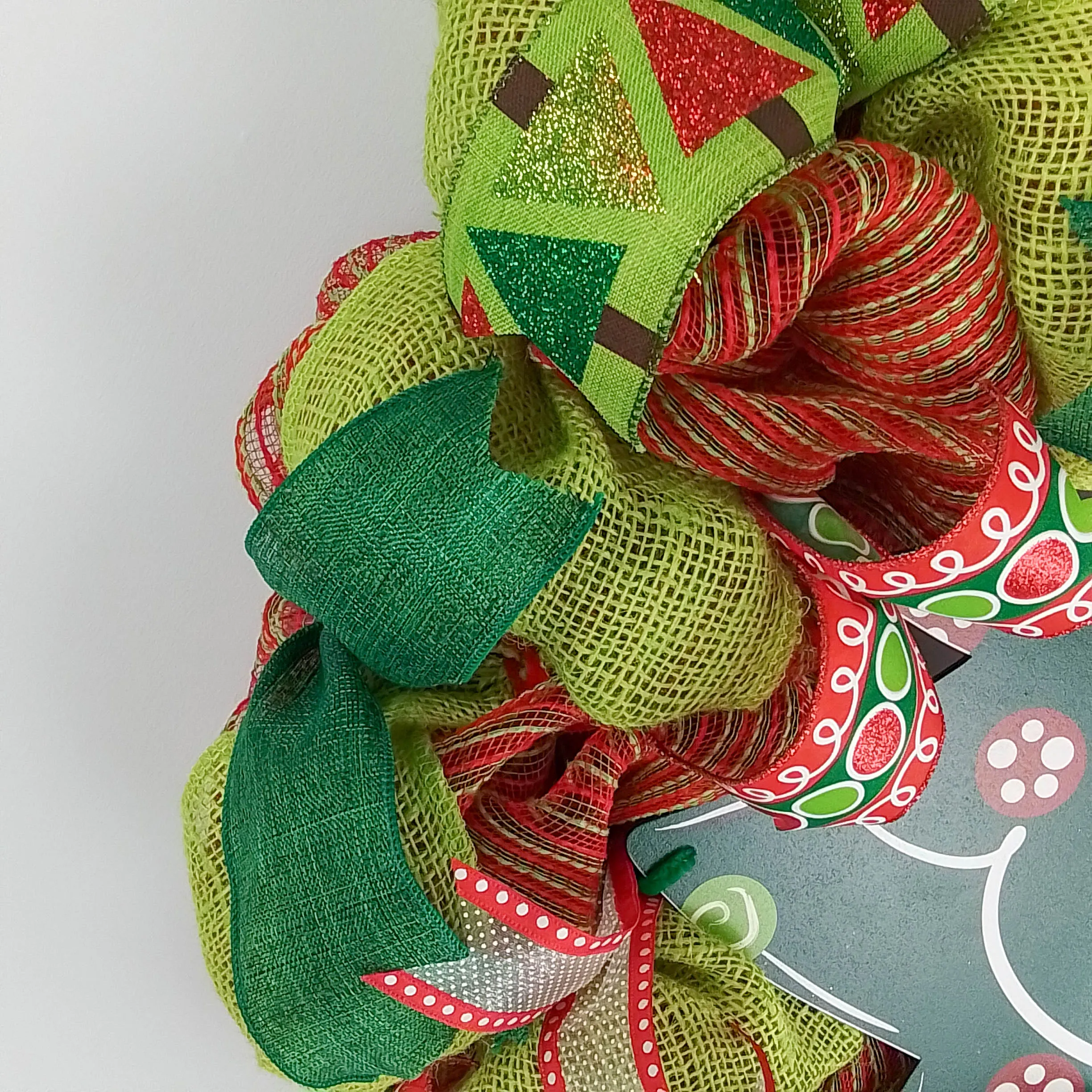 Christmas Wreath - Holiday Tree Decor Front Door Wreath - Red Lime Green Burlap