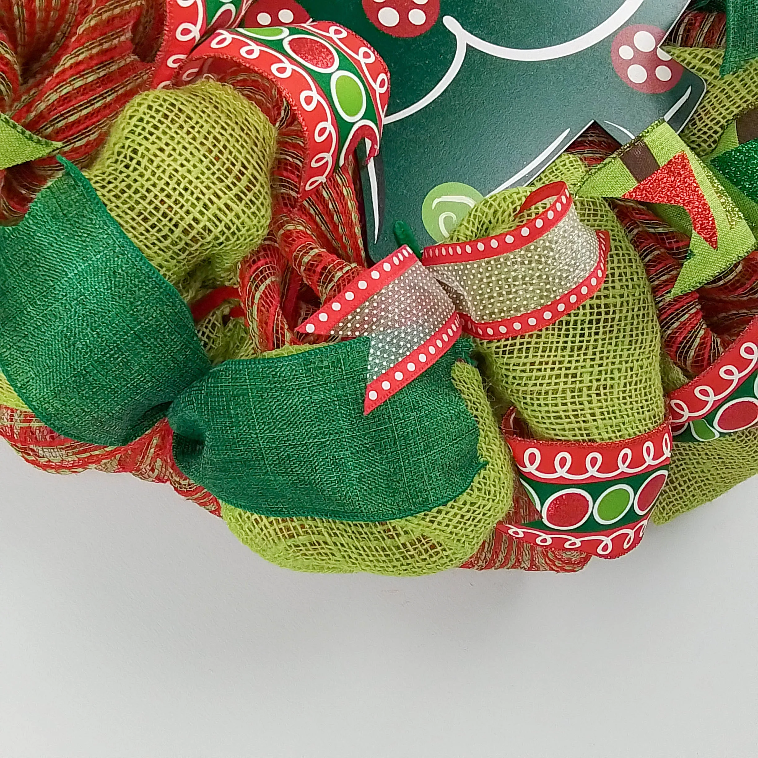 Christmas Wreath - Holiday Tree Decor Front Door Wreath - Red Lime Green Burlap