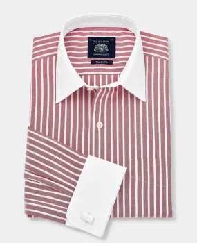 Dark Red White Stripe Classic Fit Shirt With White Collar & Cuffs - Double Cuff