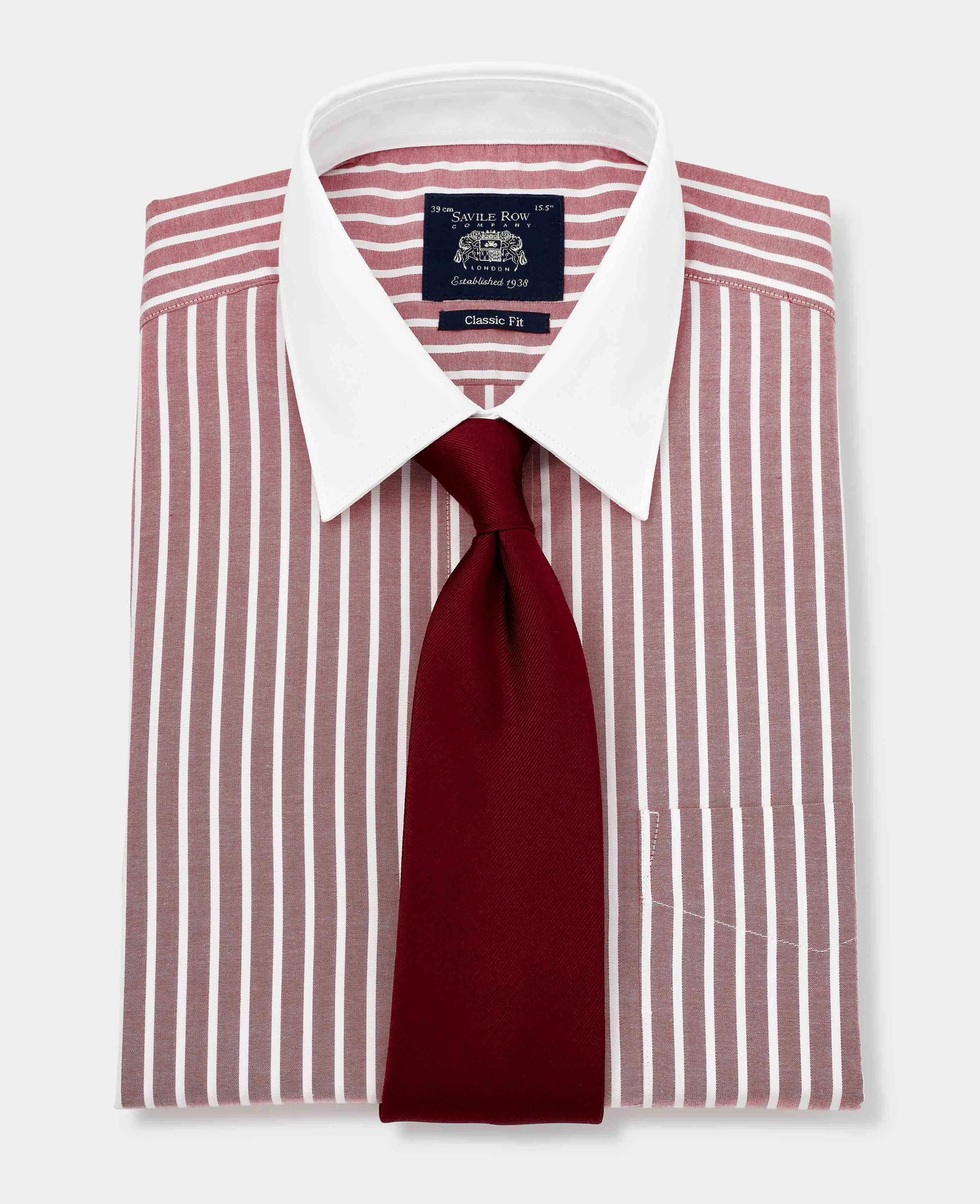 Dark Red White Stripe Classic Fit Shirt With White Collar & Cuffs - Double Cuff