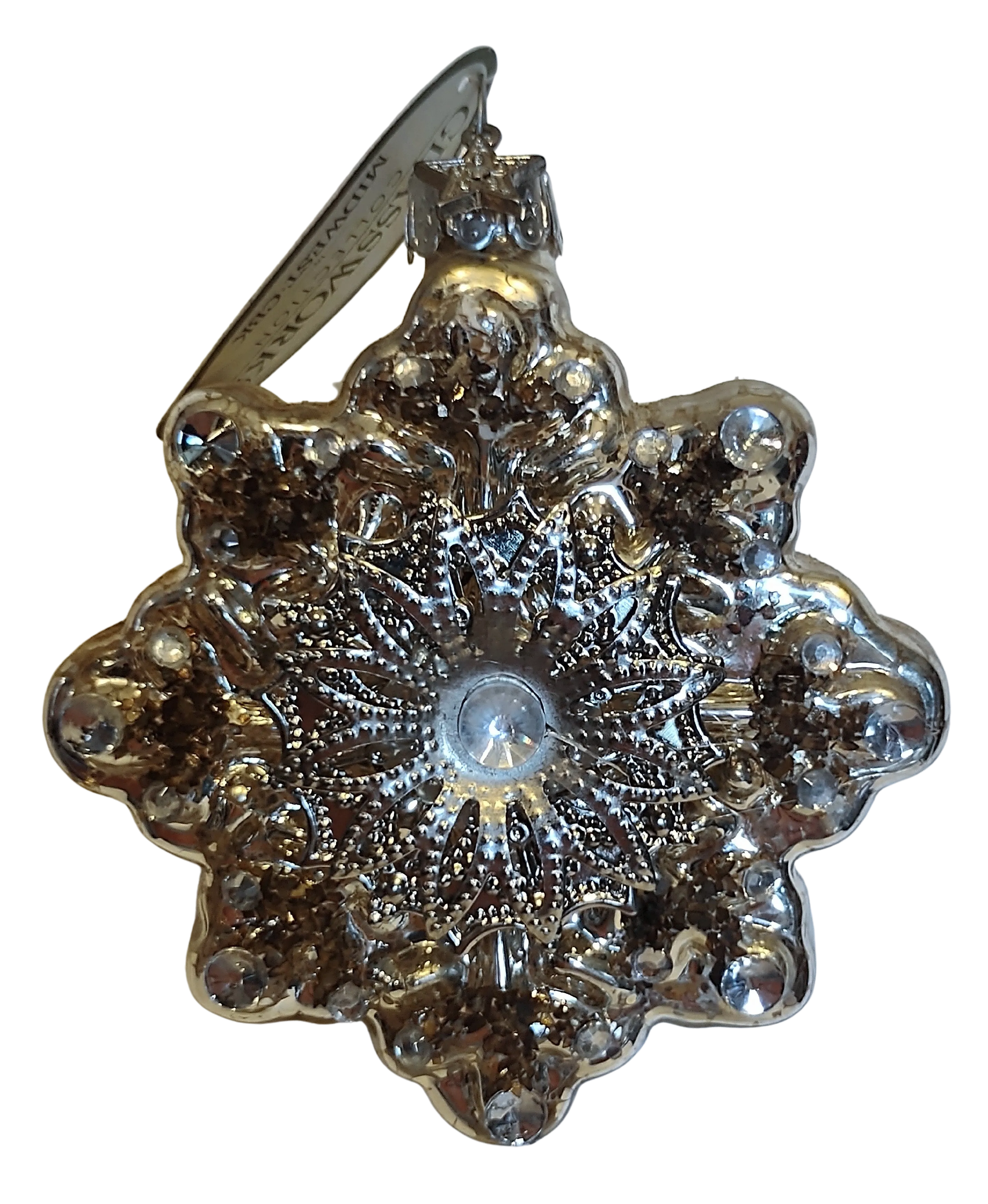 Glass Silver Snowflake Ornament with Flower in Center 4"