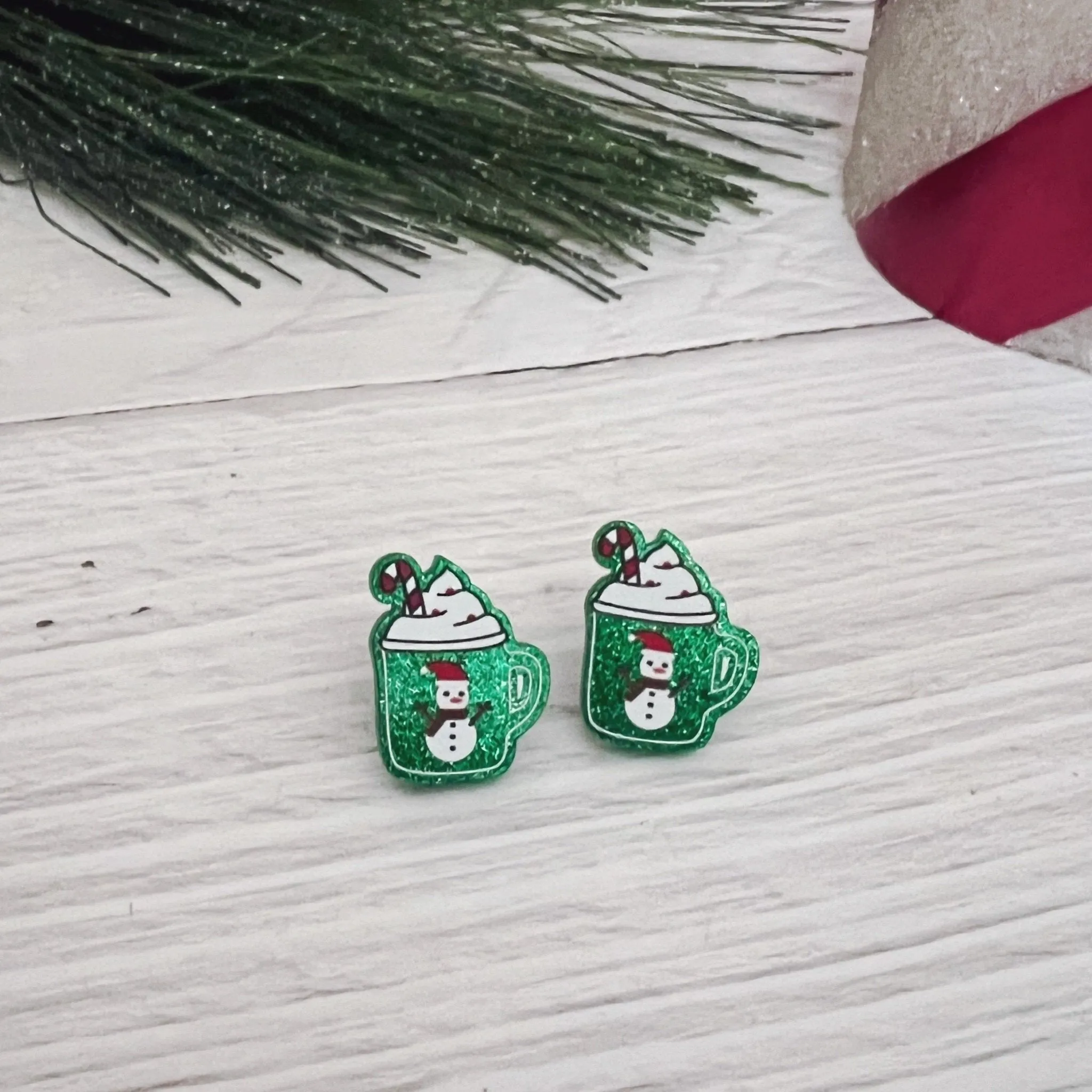 Green Glitter Resin Cocoa Cup Christmas Earrings