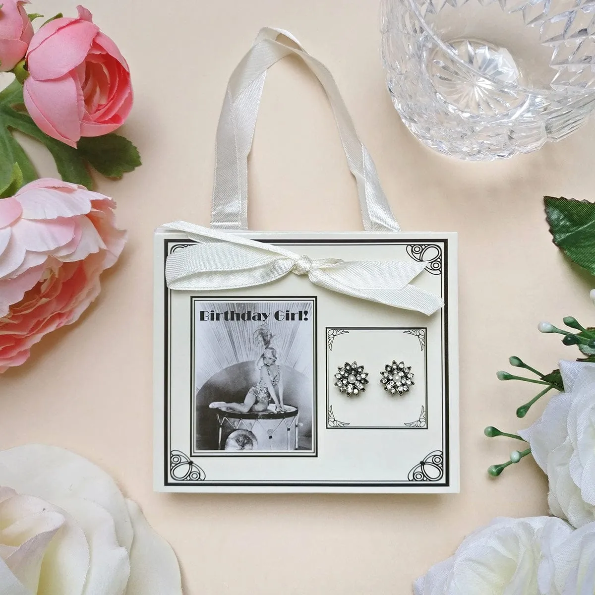 Happy Birthday Postcard With Diamante Flower Earrings