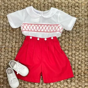 Heirloom Smocked Christmas outfit- Shirt with Button on Shorts