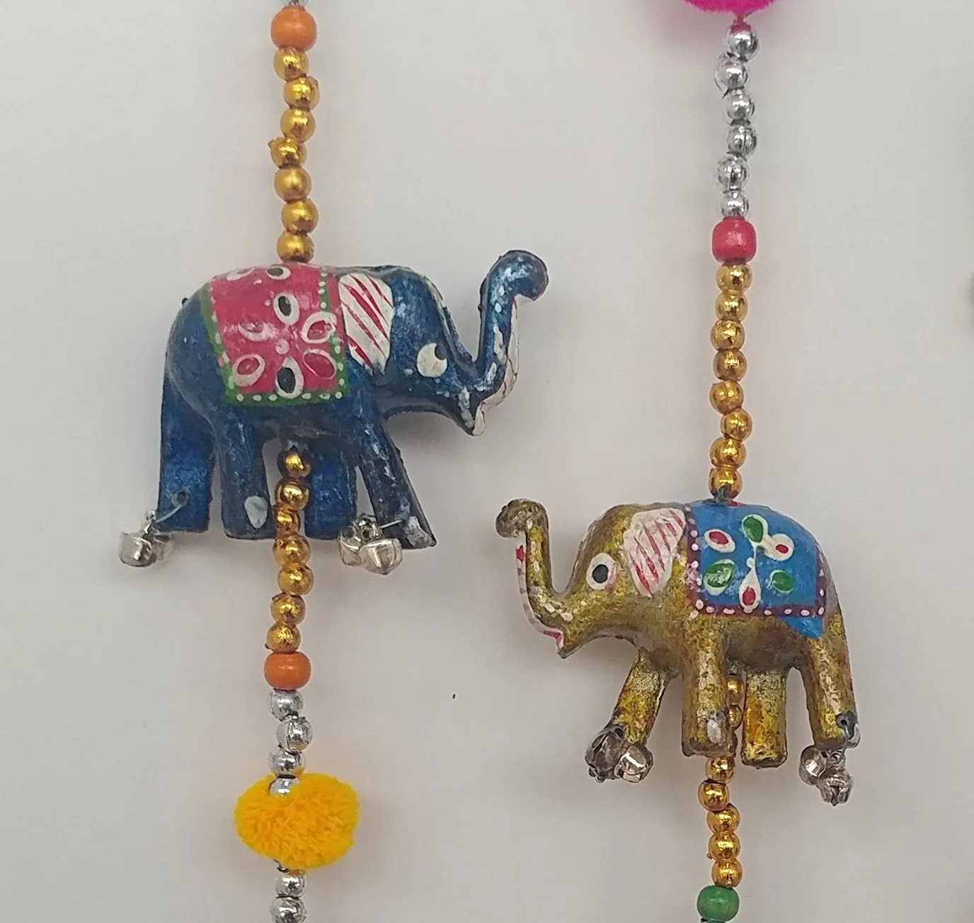 Lacquered Elephants, String of 5 with bells and beads