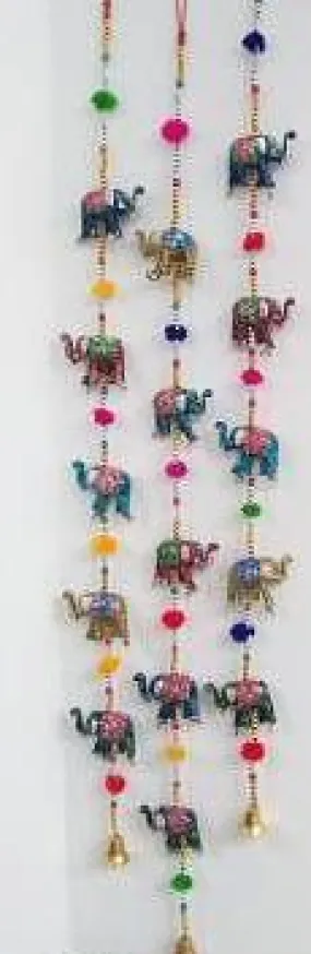 Lacquered Elephants, String of 5 with bells and beads