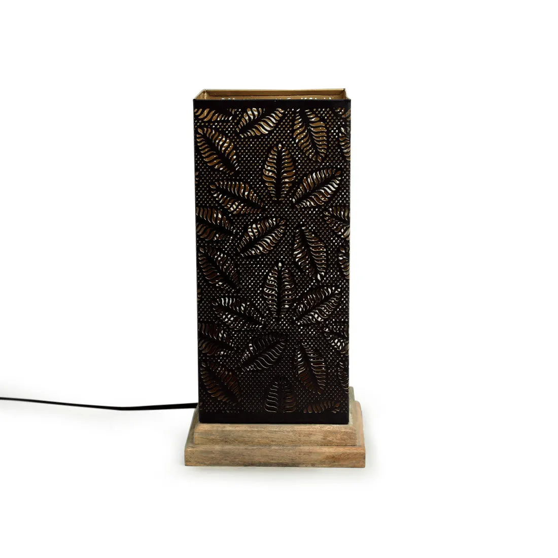 'Leafy Plants' Hand Etched Table Lamp In Iron & Mango Wood (12 Inch)