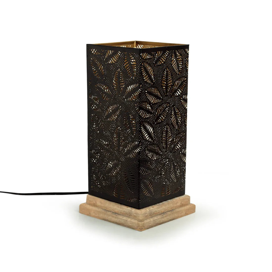 'Leafy Plants' Hand Etched Table Lamp In Iron & Mango Wood (12 Inch)