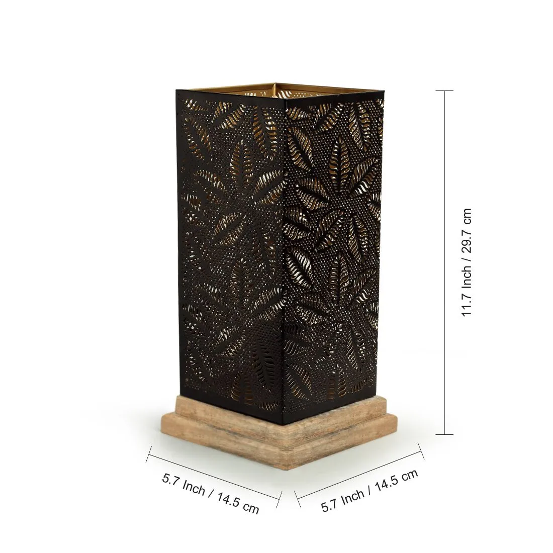 'Leafy Plants' Hand Etched Table Lamp In Iron & Mango Wood (12 Inch)