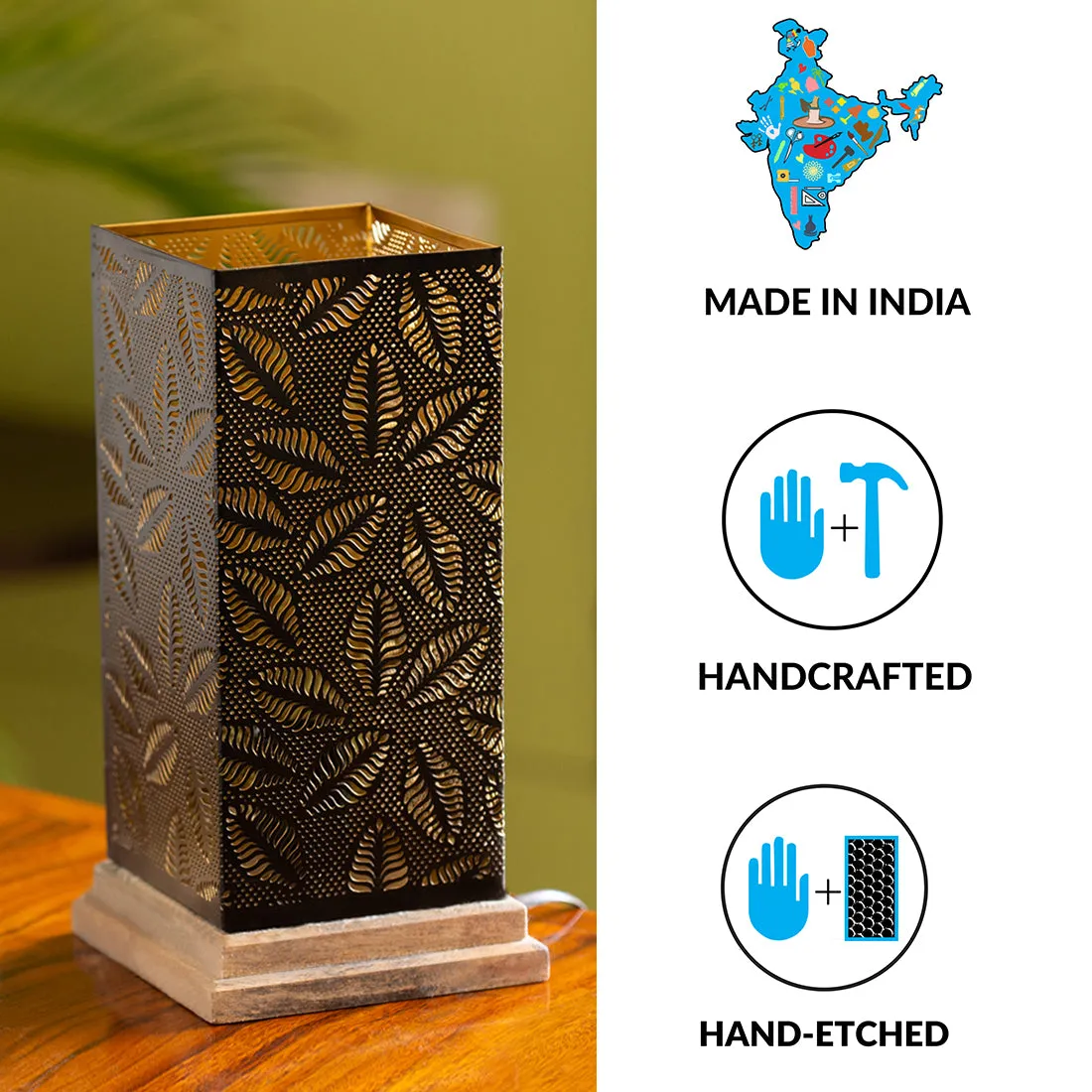 'Leafy Plants' Hand Etched Table Lamp In Iron & Mango Wood (12 Inch)