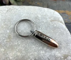 LOVED Engraved Bullet Keychain, Dark Laser Engraving, 9mm, 40 Caliber, 45 Auto