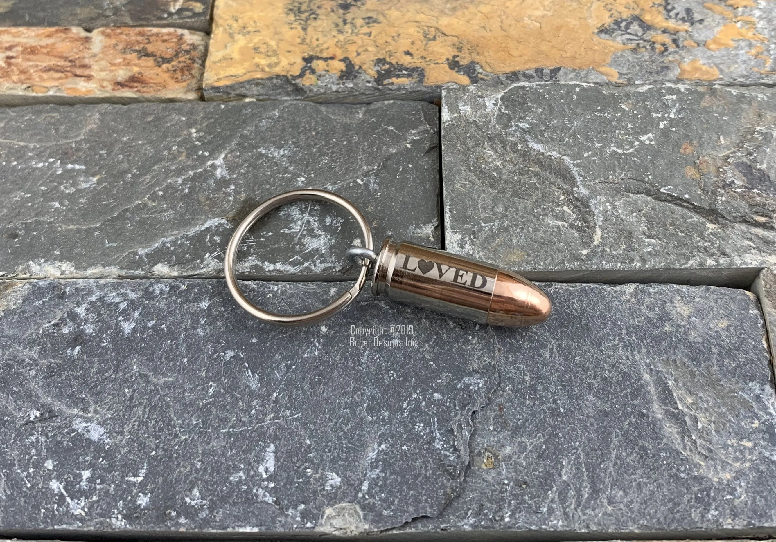 LOVED Engraved Bullet Keychain, Dark Laser Engraving, 9mm, 40 Caliber, 45 Auto