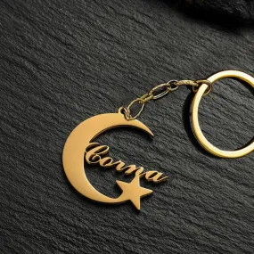 Moon with Star Name Keychain