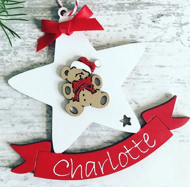 Personalised Star Teddy Bear Christmas Tree Decoration Bauble