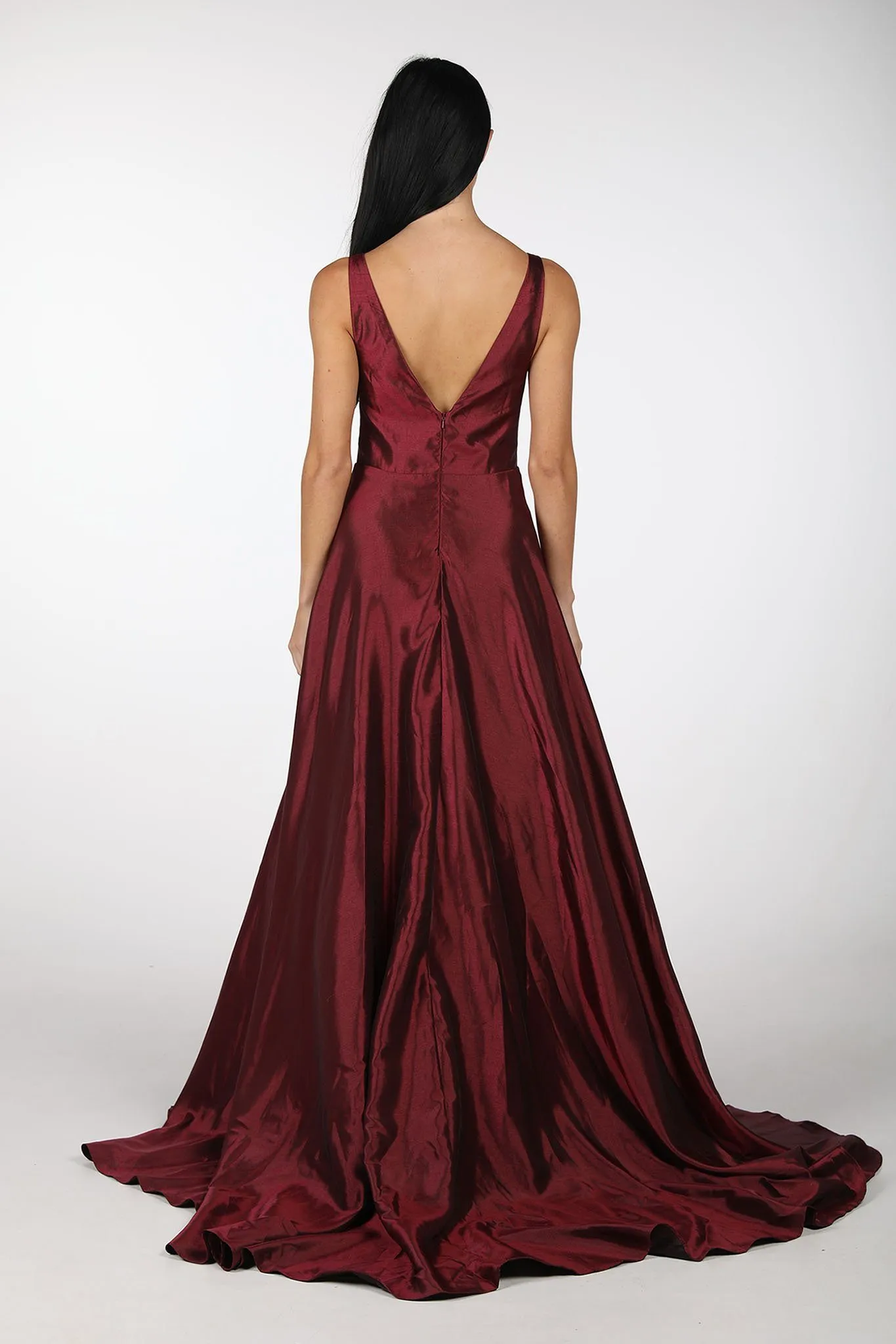 SAMIRA V-Neck Satin Ball Gown - Deep Red