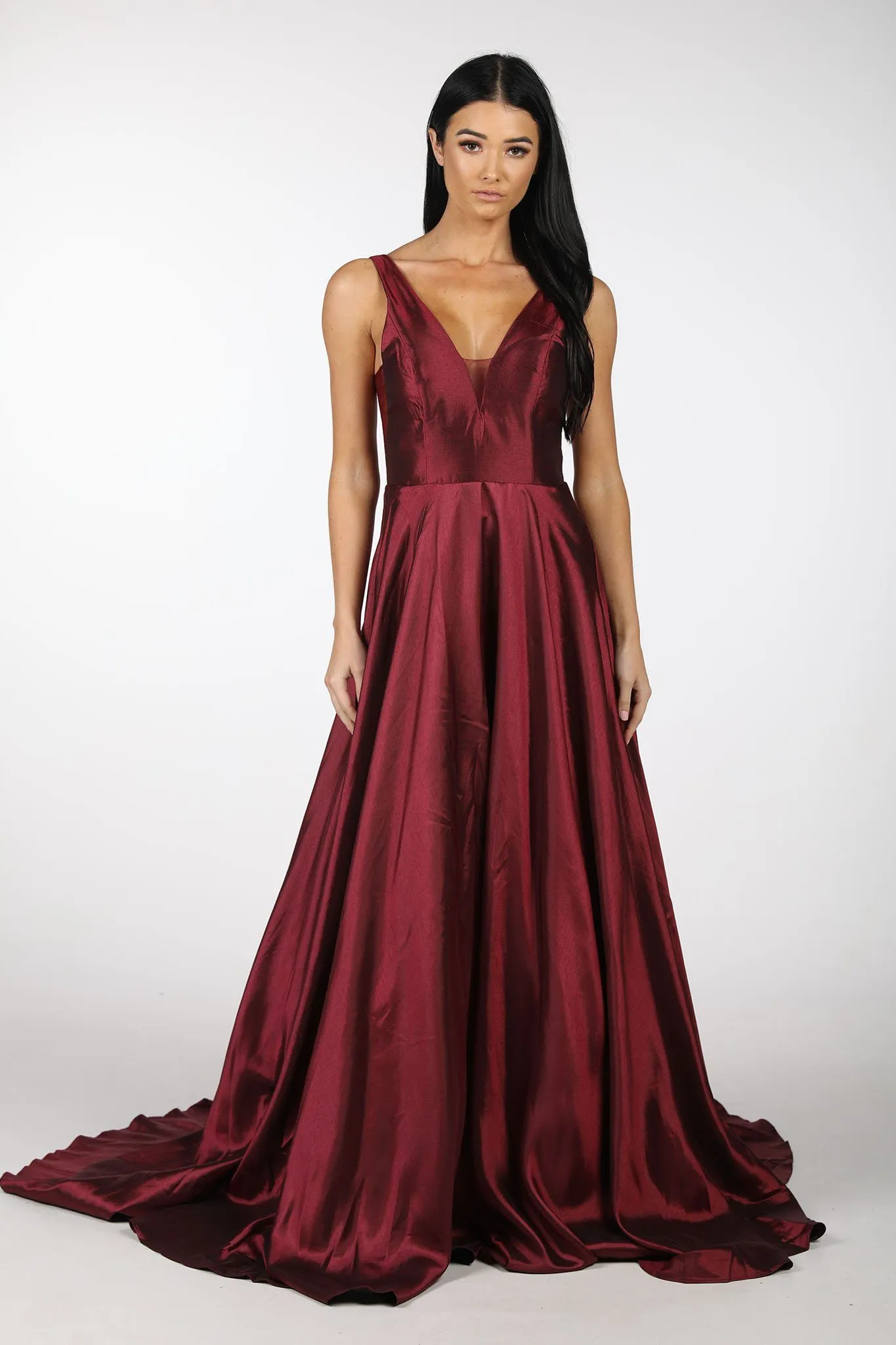 SAMIRA V-Neck Satin Ball Gown - Deep Red