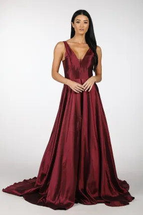 SAMIRA V-Neck Satin Ball Gown - Deep Red