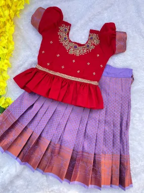 Scarlet Elegance: Red Top with Violet Semi-Silk Skirt - Aari Work